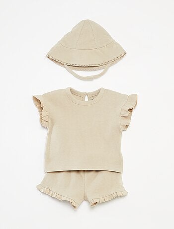 Conjunto con camiseta + short + gorro de punto gofrado - 3 piezas