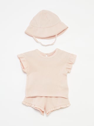 Conjunto con camiseta + short + gorro de punto gofrado - 3 piezas