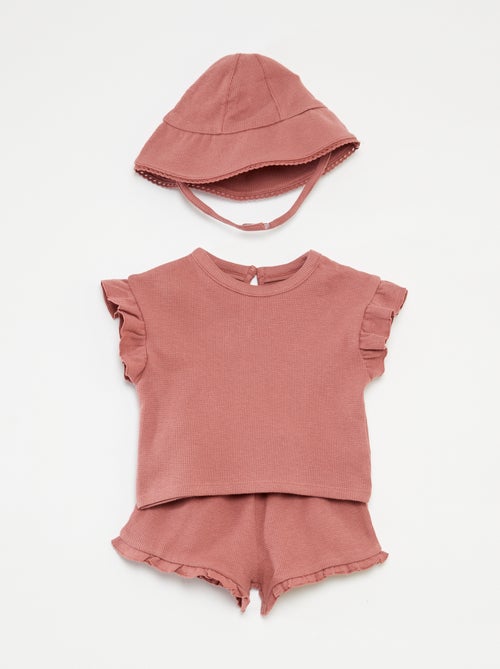 Conjunto con camiseta + short + gorro de punto gofrado - 3 piezas - Kiabi