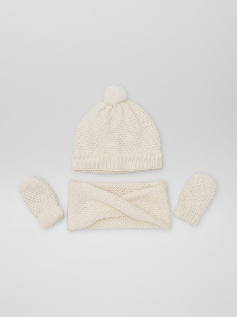 Conjunto con gorro + bufanda tipo braga + manoplas  - 3 piezas BLANCO - Kiabi