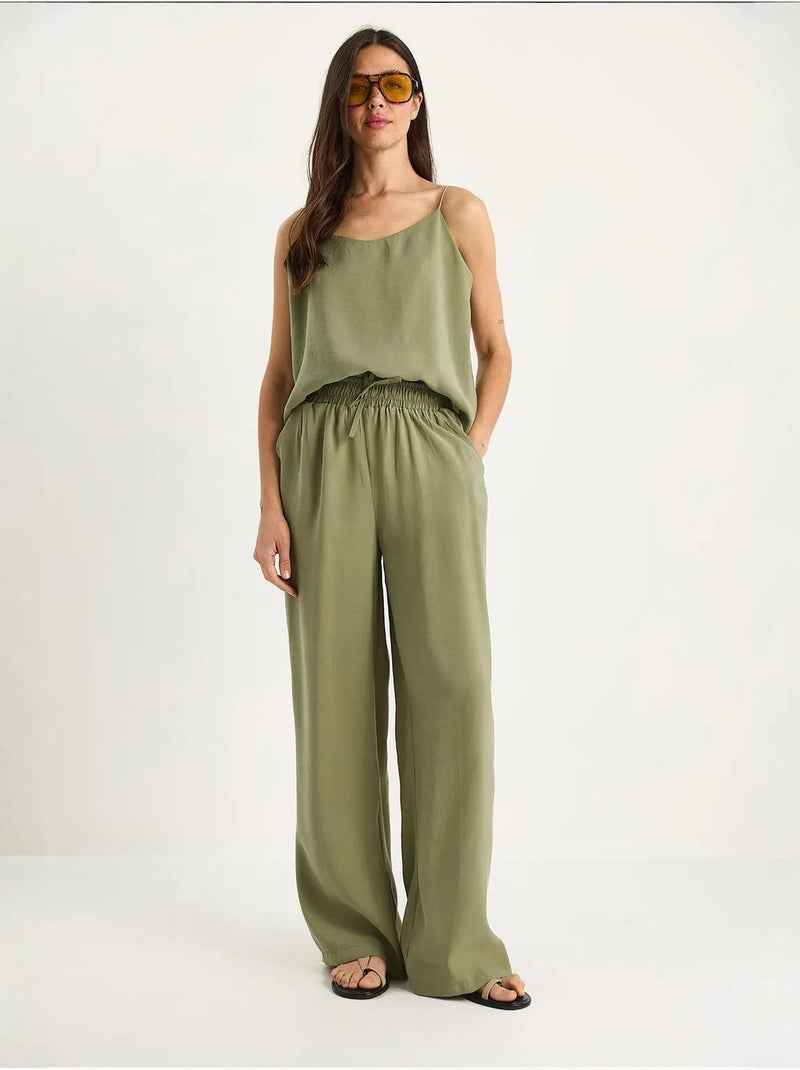 Conjunto coordinado de camisola sin mangas y pantalón de pernera ancha lucci Caqui - Kiabi