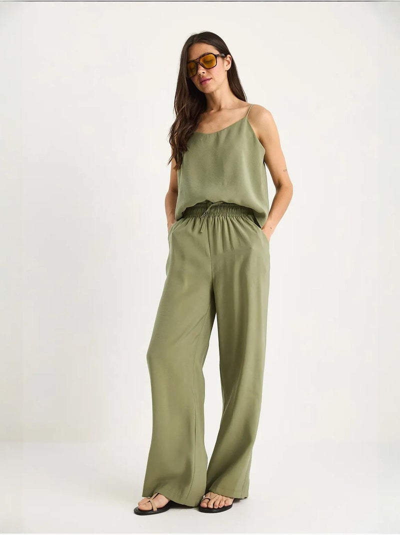 Conjunto coordinado de camisola sin mangas y pantalón de pernera ancha lucci Caqui - Kiabi