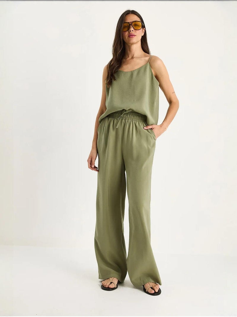 Conjunto coordinado de camisola sin mangas y pantalón de pernera ancha lucci Caqui - Kiabi