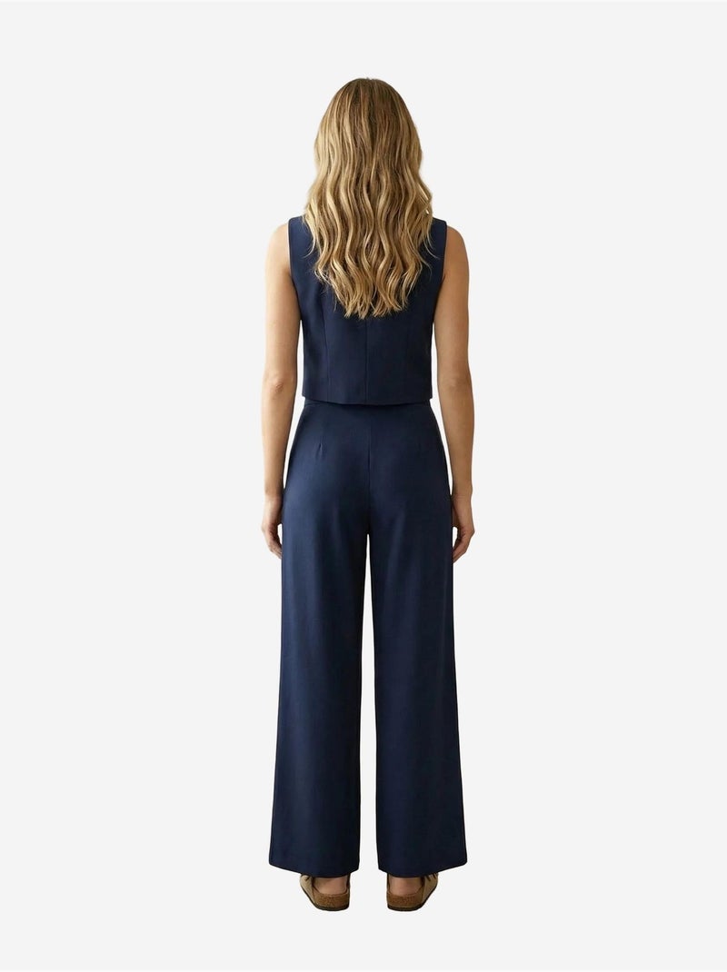 Conjunto coordinado de dos piezas de cintura alta y pernera ancha my fashion Azul marino - Kiabi