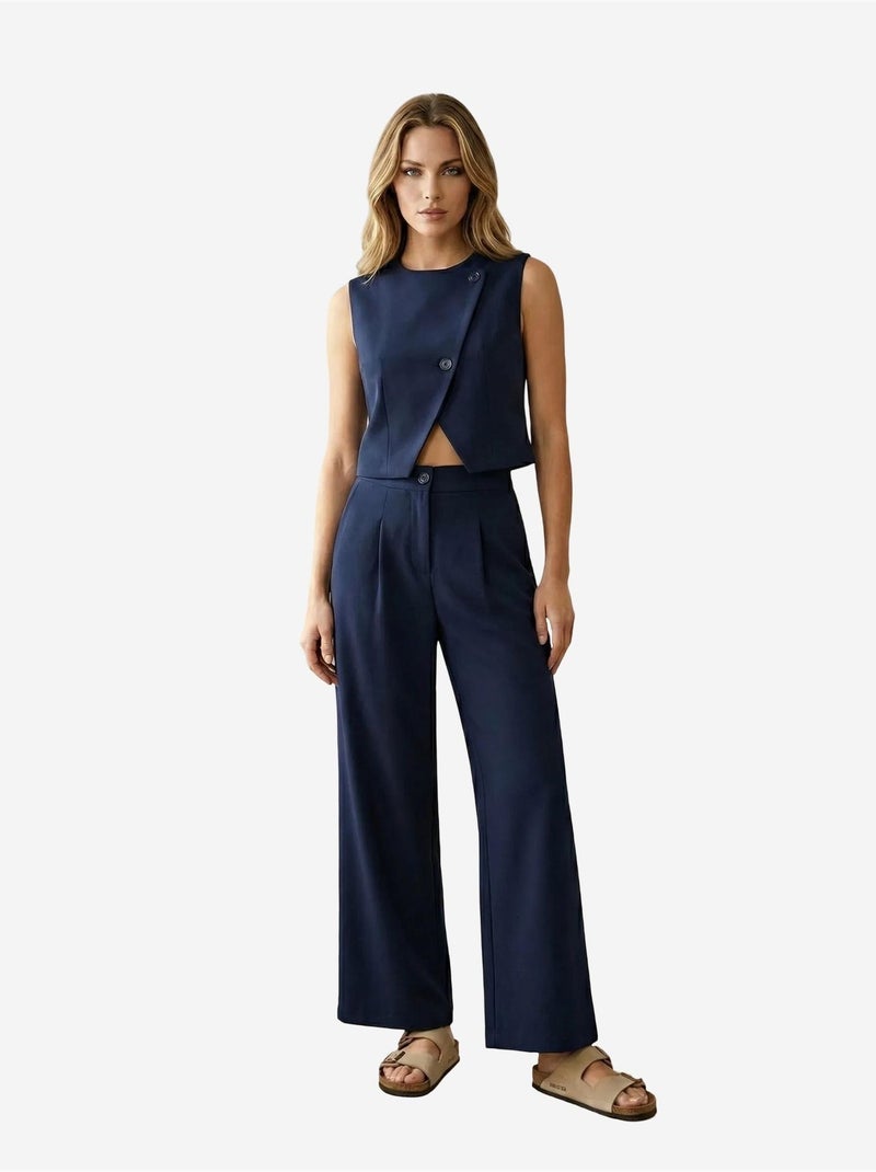 Conjunto coordinado de dos piezas de cintura alta y pernera ancha my fashion Azul marino - Kiabi