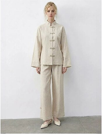 Conjunto coordinado de dos piezas de cintura alta y pierna ancha con cuello mao lucci