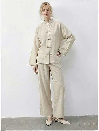 Conjunto coordinado de dos piezas de cintura alta y pierna ancha con cuello mao lucci