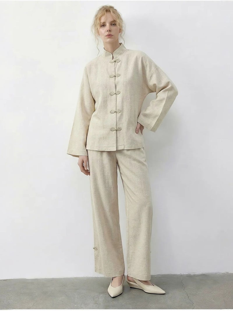 Conjunto coordinado de dos piezas de cintura alta y pierna ancha con cuello mao lucci Crema - Kiabi
