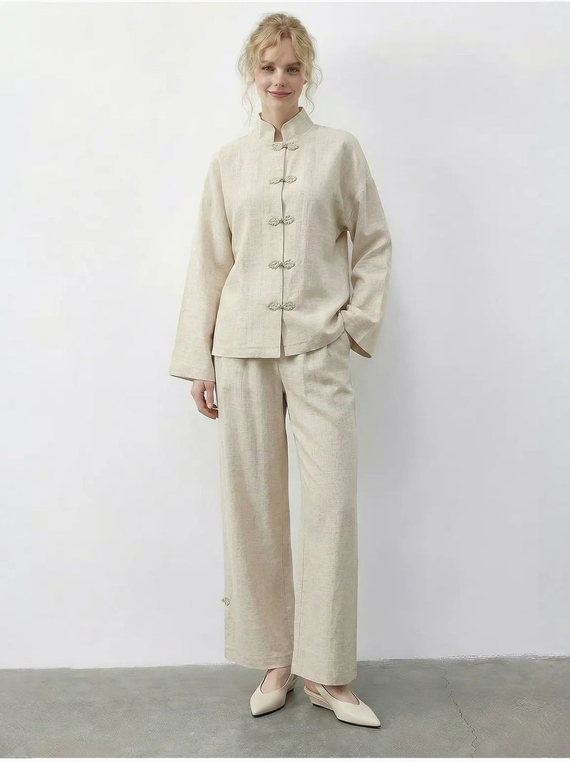Conjunto coordinado de dos piezas de cintura alta y pierna ancha con cuello mao lucci Crema - Kiabi