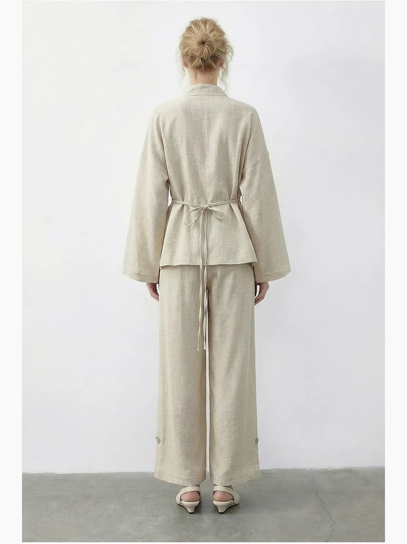 Conjunto coordinado de dos piezas de cintura alta y pierna ancha con cuello mao lucci Crema - Kiabi