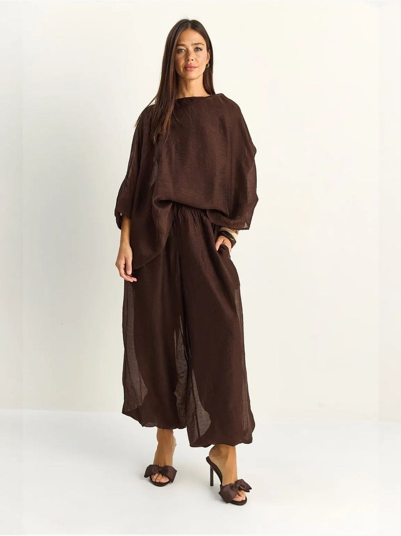 Conjunto coordinado de dos piezas de talle alto con pierna ancha lucci Marrón oscuro - Kiabi