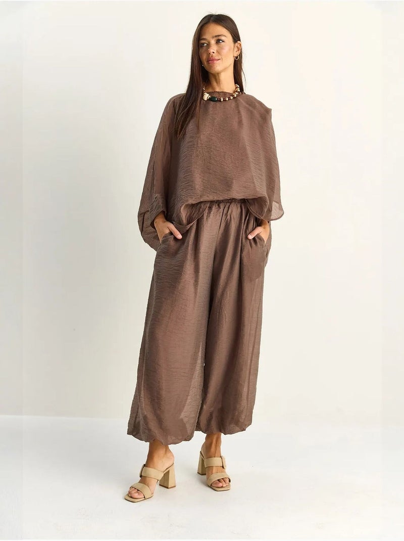 Conjunto coordinado de dos piezas de talle alto con pierna ancha lucci Taupe - Kiabi