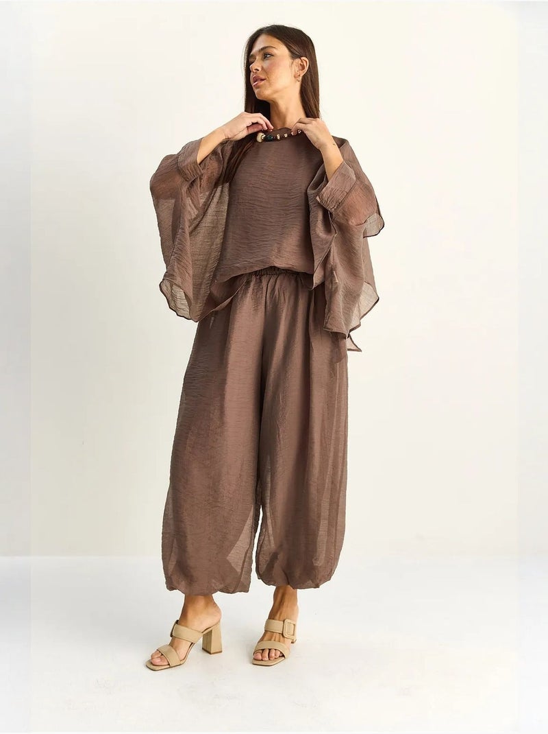 Conjunto coordinado de dos piezas de talle alto con pierna ancha lucci Taupe - Kiabi
