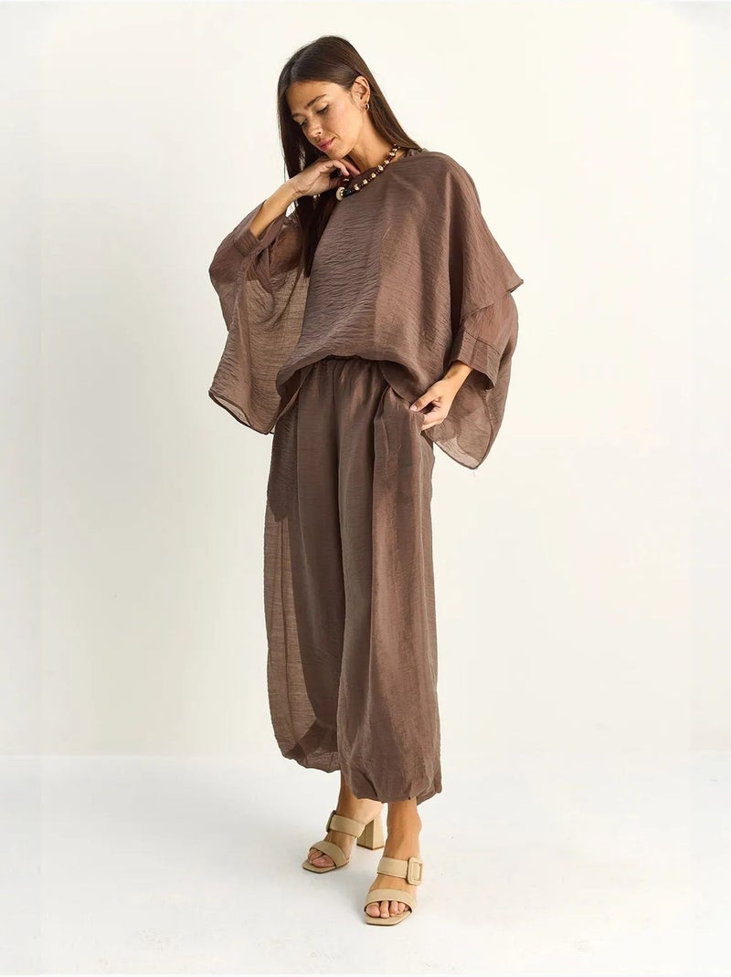 Conjunto coordinado de dos piezas de talle alto con pierna ancha lucci Taupe - Kiabi