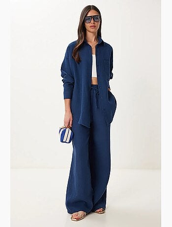 Conjunto coordinado de dos piezas de talle alto con pierna ancha y cuello camisero istanbul