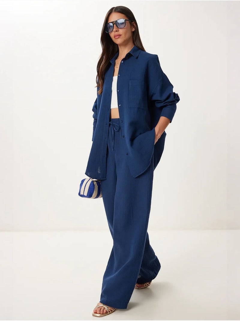 Conjunto coordinado de dos piezas de talle alto con pierna ancha y cuello camisero istanbul Azul marino - Kiabi