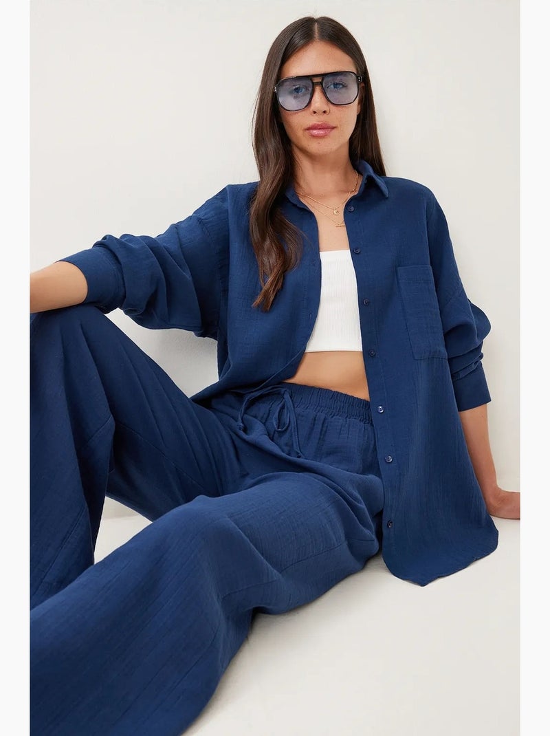Conjunto coordinado de dos piezas de talle alto con pierna ancha y cuello camisero istanbul Azul marino - Kiabi