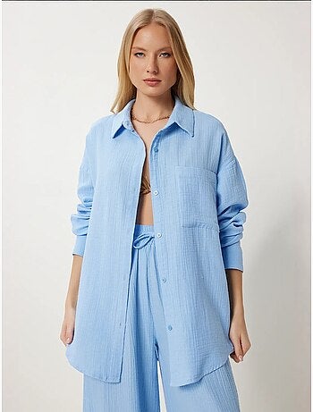 Conjunto coordinado de dos piezas de talle alto con pierna ancha y cuello camisero istanbul