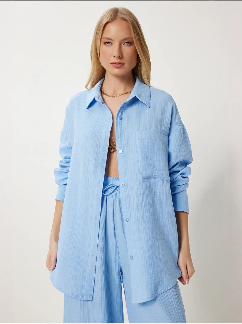 Conjunto coordinado de dos piezas de talle alto con pierna ancha y cuello camisero istanbul Azul zafiro - Kiabi