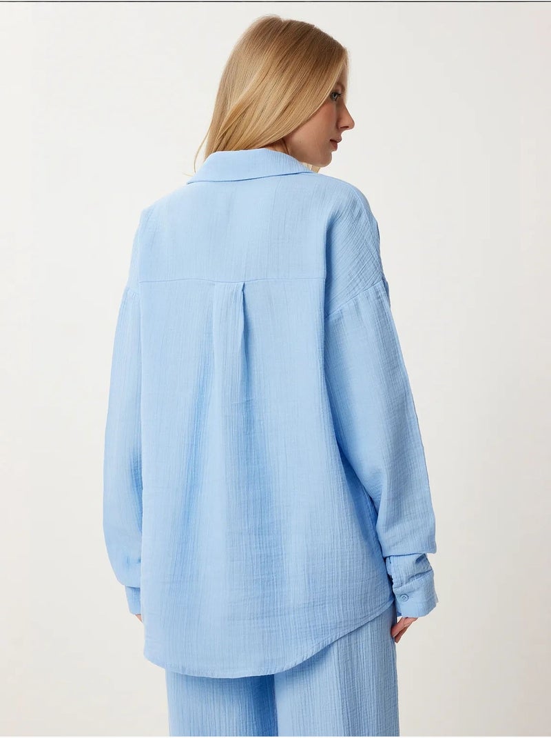 Conjunto coordinado de dos piezas de talle alto con pierna ancha y cuello camisero istanbul Azul zafiro - Kiabi