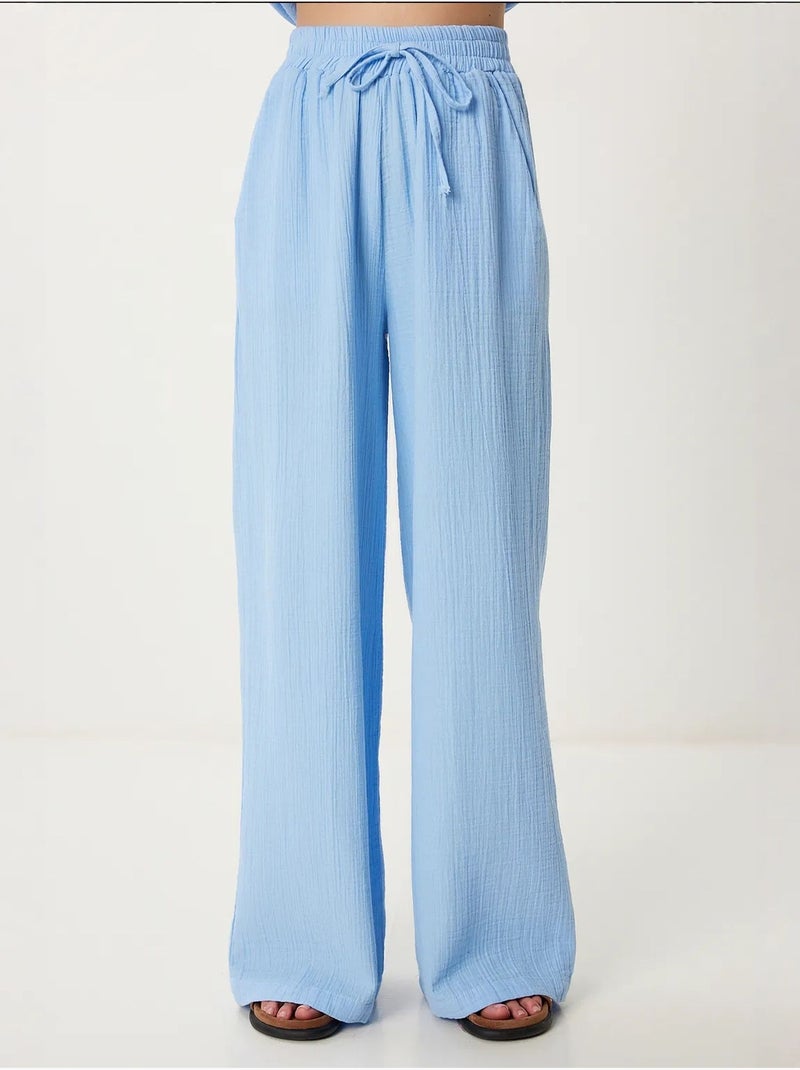 Conjunto coordinado de dos piezas de talle alto con pierna ancha y cuello camisero istanbul Azul zafiro - Kiabi