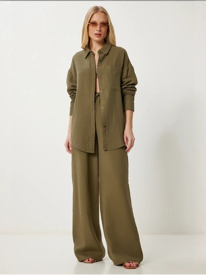 Conjunto coordinado de dos piezas de talle alto con pierna ancha y cuello camisero istanbul Caqui - Kiabi