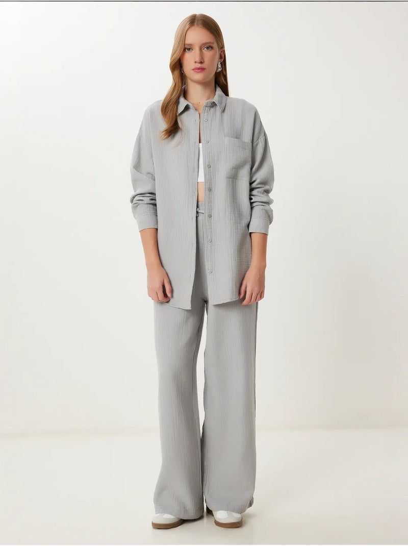Conjunto coordinado de dos piezas de talle alto con pierna ancha y cuello camisero istanbul Gris - Kiabi