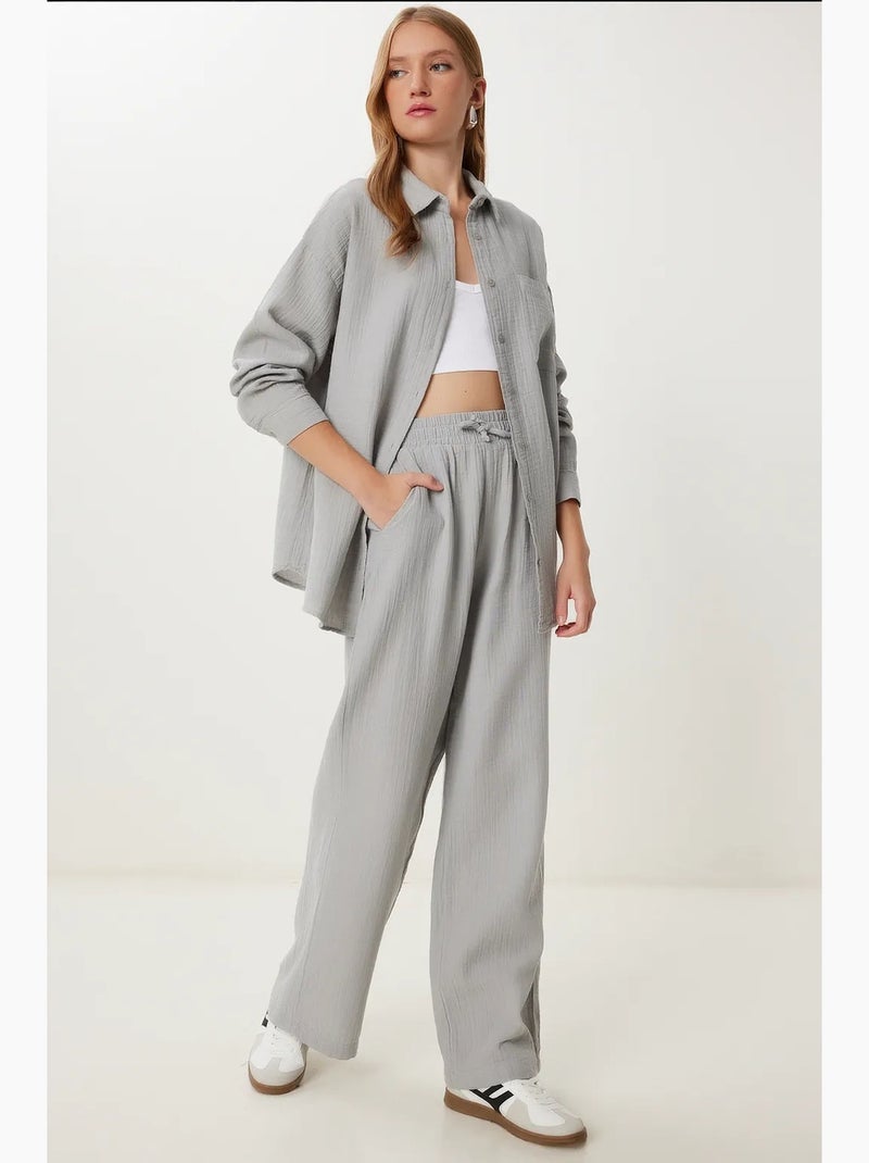 Conjunto coordinado de dos piezas de talle alto con pierna ancha y cuello camisero istanbul Gris - Kiabi