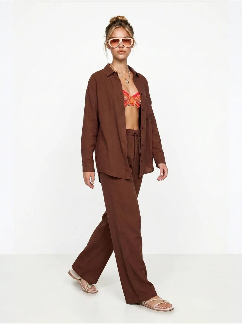 Conjunto coordinado de dos piezas de talle alto con pierna ancha y cuello camisero istanbul Marrón - Kiabi