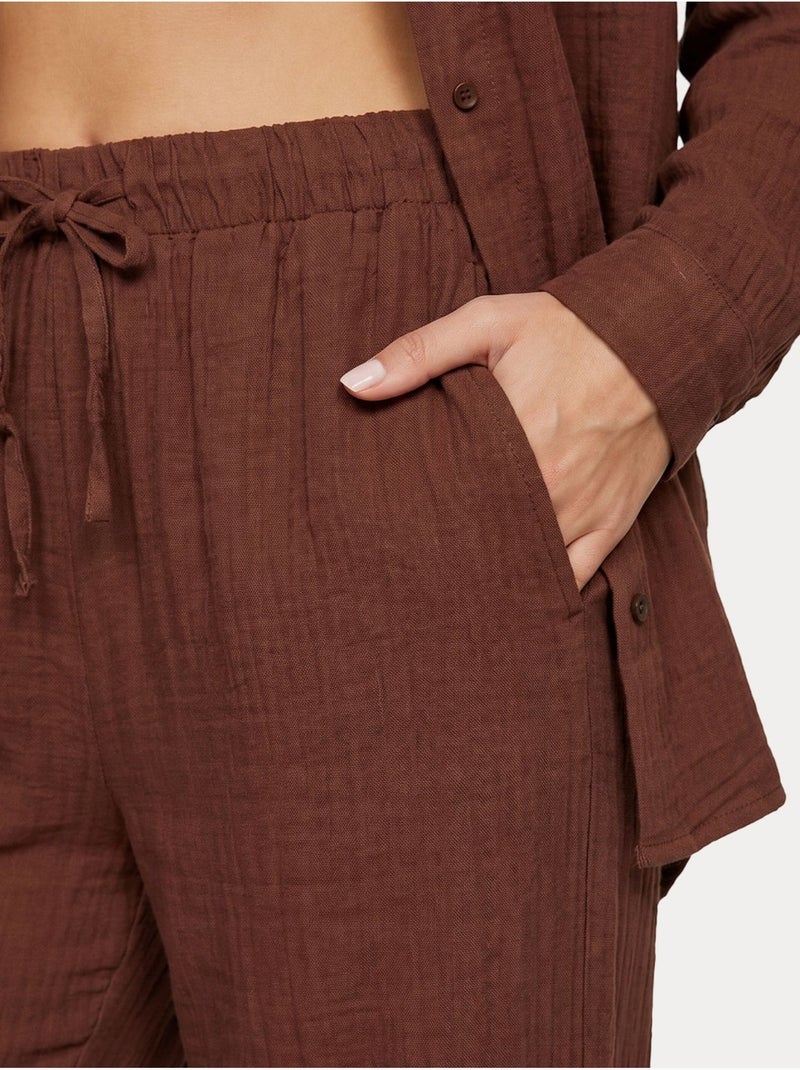 Conjunto coordinado de dos piezas de talle alto con pierna ancha y cuello camisero istanbul Marrón - Kiabi