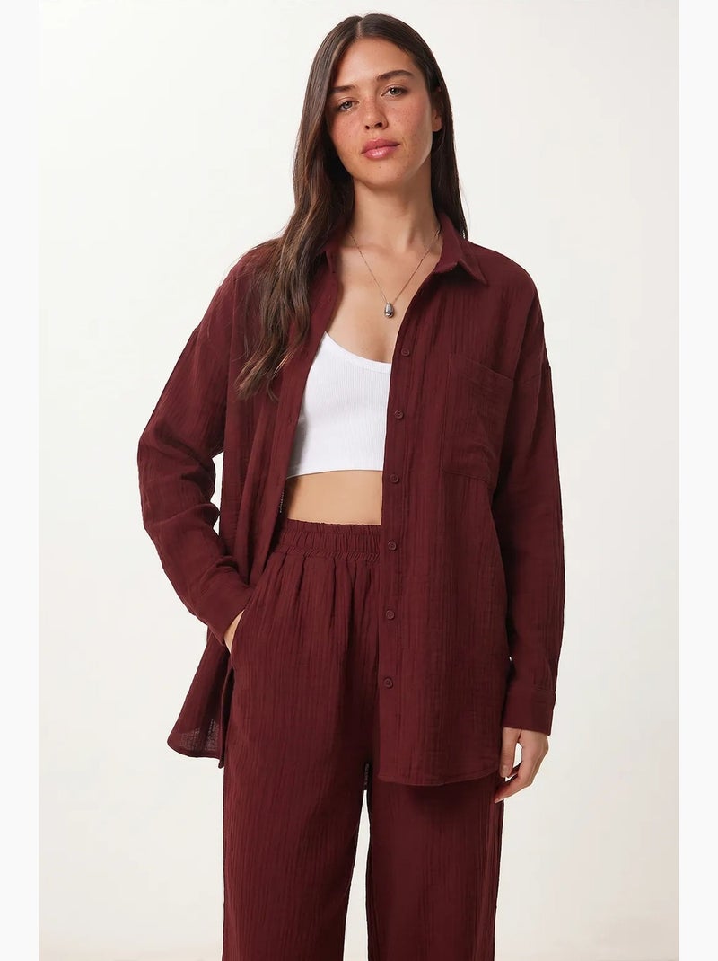 Conjunto coordinado de dos piezas de talle alto con pierna ancha y cuello camisero istanbul Rojo burdeos - Kiabi