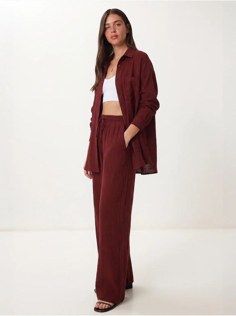 Conjunto coordinado de dos piezas de talle alto con pierna ancha y cuello camisero istanbul Rojo burdeos - Kiabi