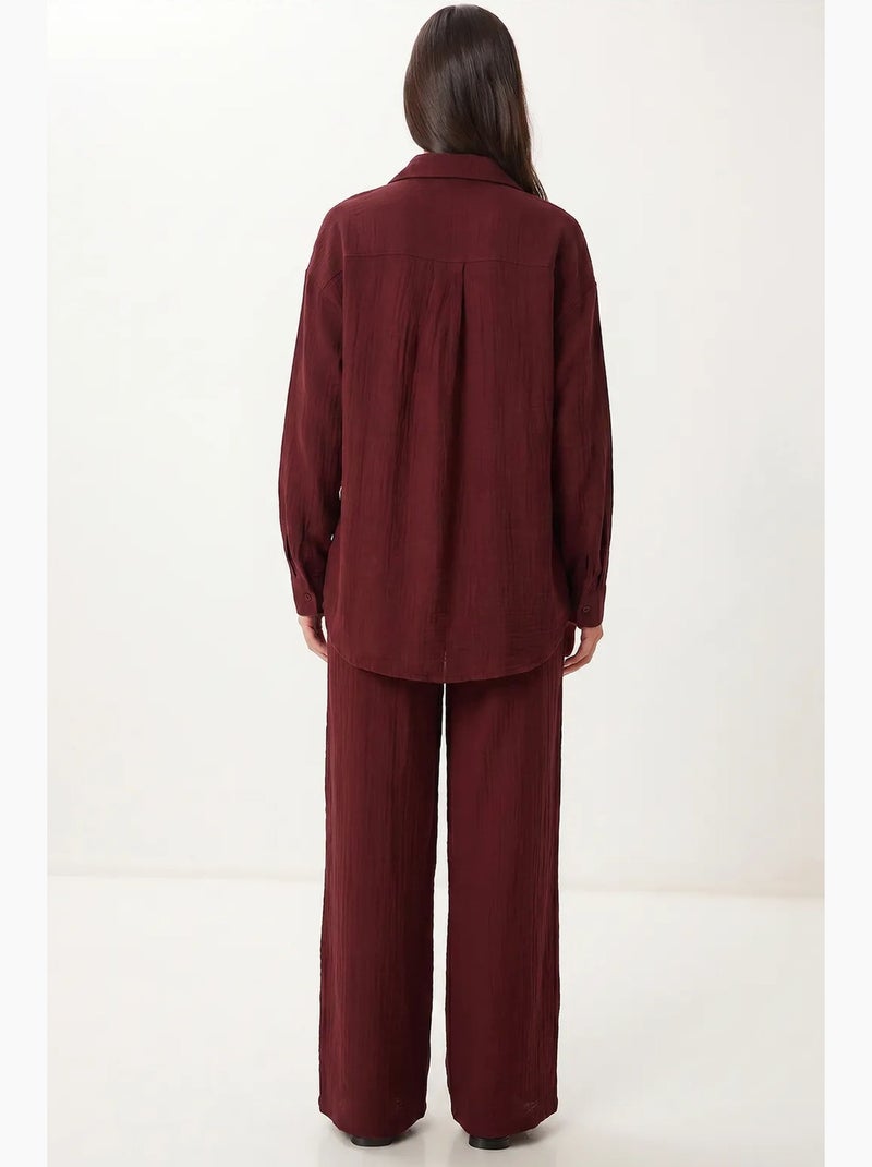 Conjunto coordinado de dos piezas de talle alto con pierna ancha y cuello camisero istanbul Rojo burdeos - Kiabi