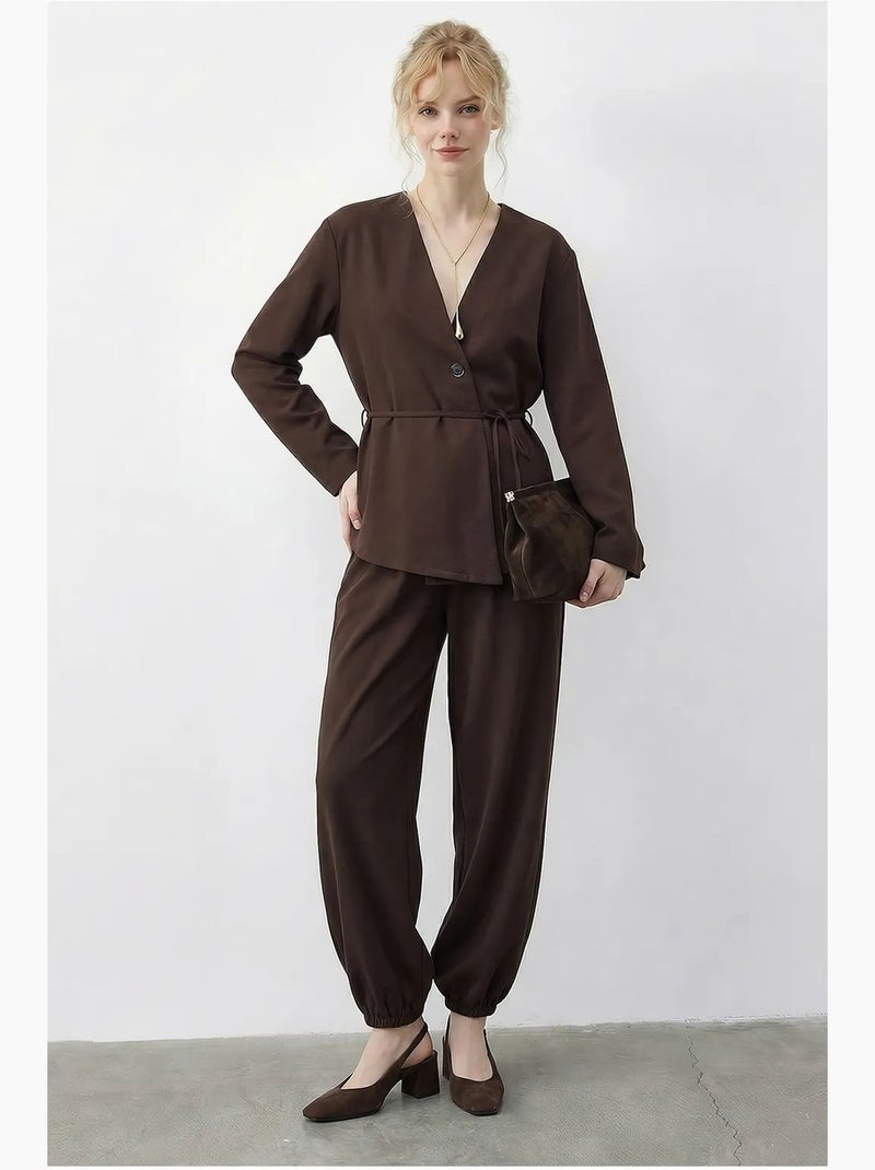 Conjunto coordinado de manga larga con cuello en v y cintura elástica de lucci Marrón chocolate - Kiabi