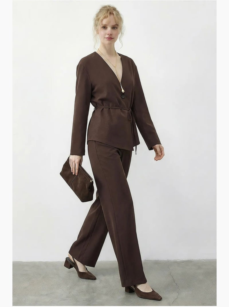 Conjunto coordinado de manga larga con cuello en v y cintura elástica de lucci Marrón chocolate - Kiabi