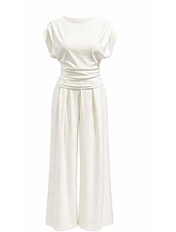 Conjunto coordinado de punto de talle alto con pierna ancha y escote barco mixray