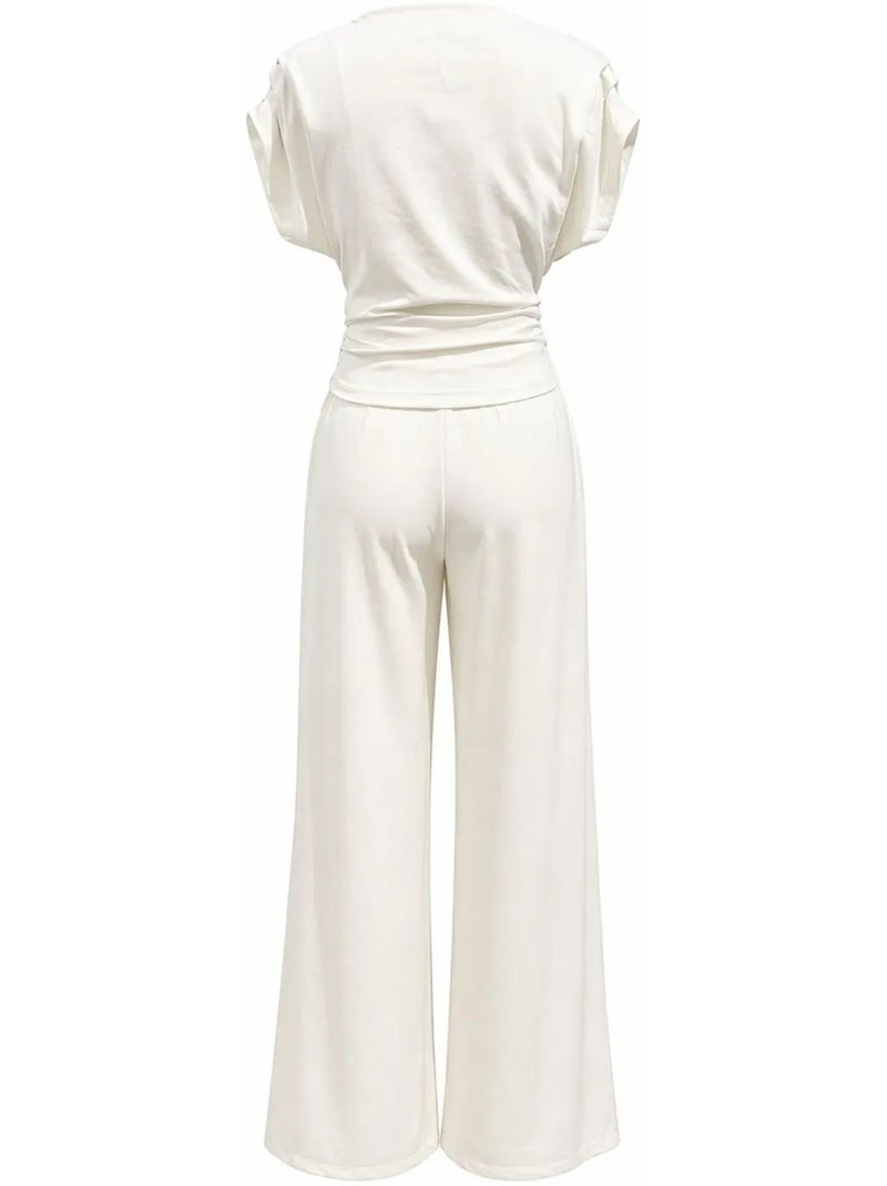 Conjunto coordinado de punto de talle alto con pierna ancha y escote barco mixray Blanco - Kiabi