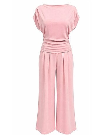 Conjunto coordinado de punto de talle alto con pierna ancha y escote barco mixray