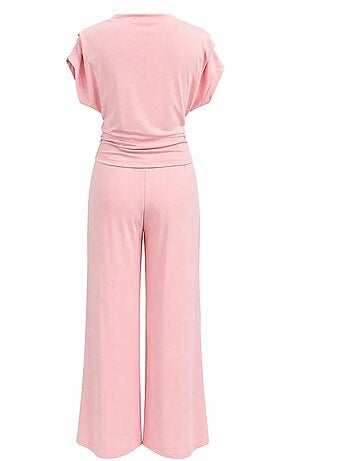 Conjunto coordinado de punto de talle alto con pierna ancha y escote barco mixray