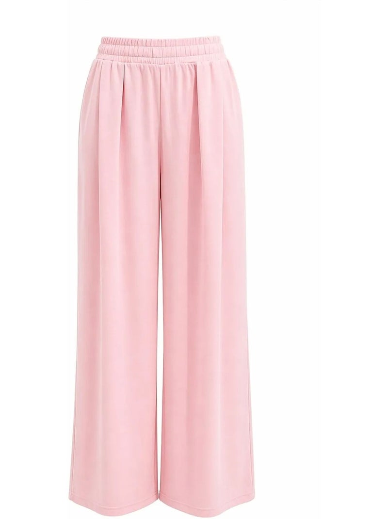 Conjunto coordinado de punto de talle alto con pierna ancha y escote barco mixray Rosa pálido - Kiabi