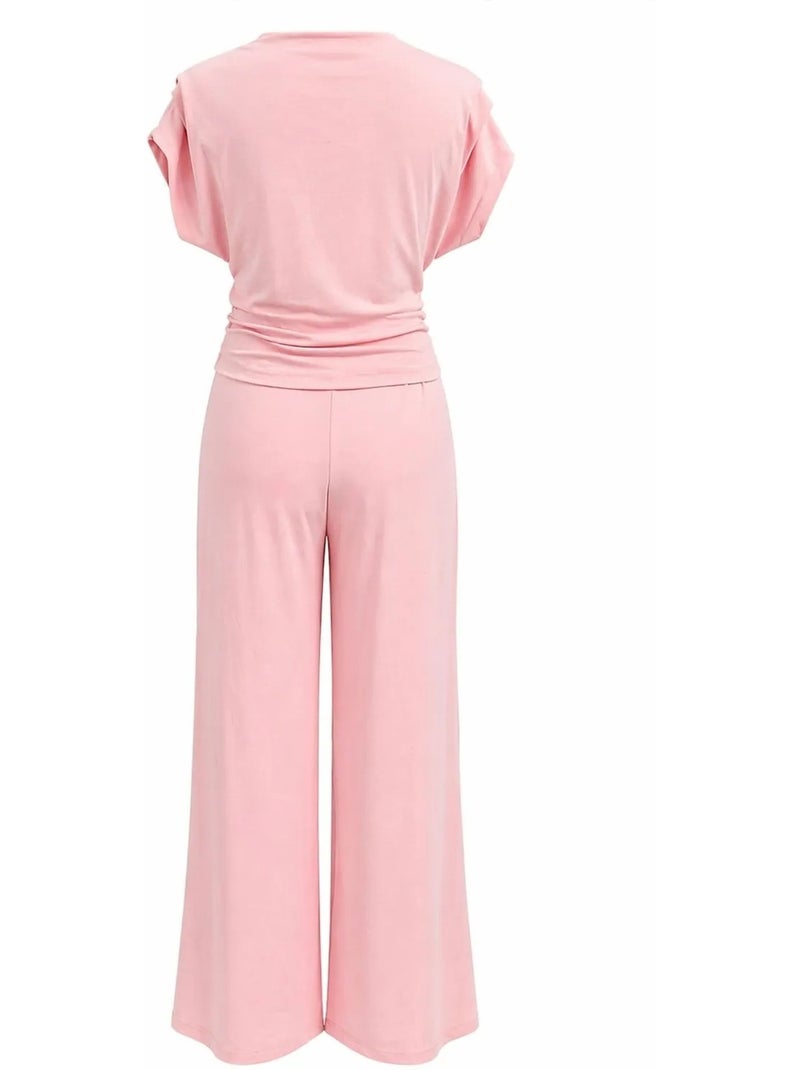 Conjunto coordinado de punto de talle alto con pierna ancha y escote barco mixray Rosa pálido - Kiabi