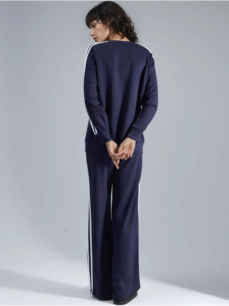 Conjunto coordinado de sudadera a rayas con cuello redondo y pantalón de pernera recta hiccup Azul marino - Kiabi
