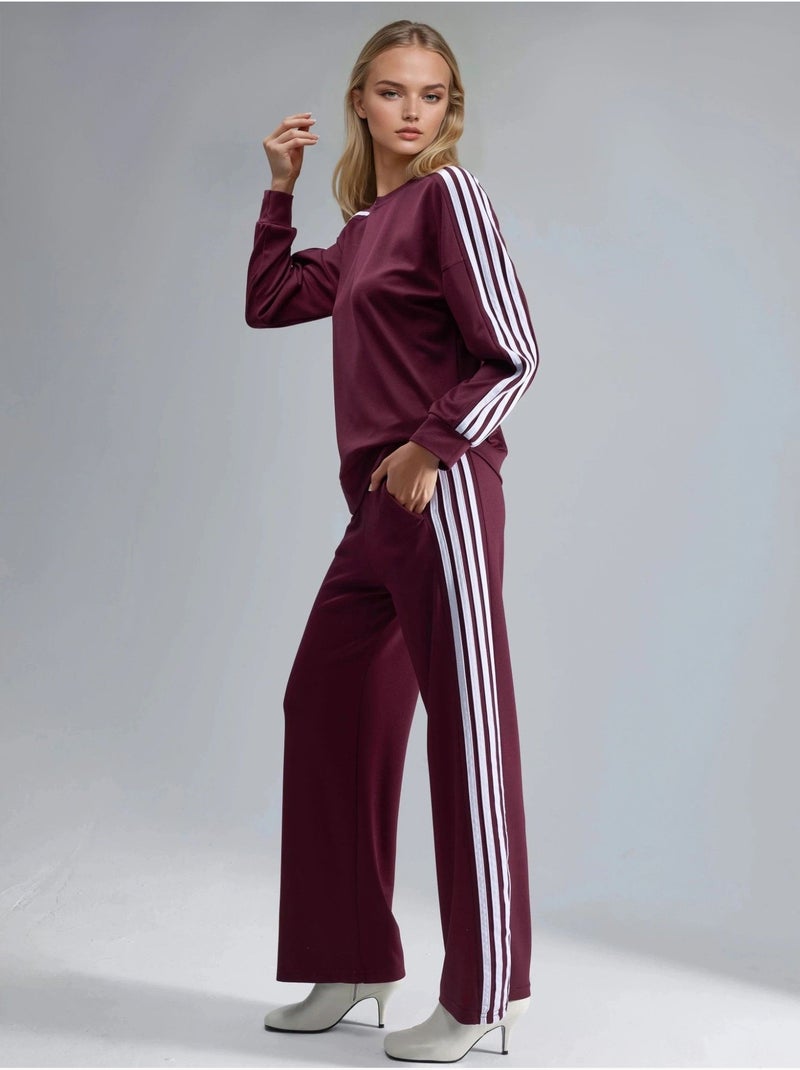 Conjunto coordinado de sudadera a rayas con cuello redondo y pantalón de pernera recta hiccup Rojo burdeos - Kiabi