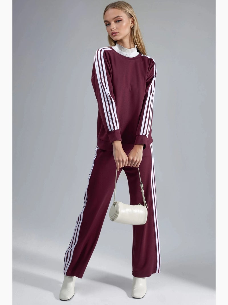 Conjunto coordinado de sudadera a rayas con cuello redondo y pantalón de pernera recta hiccup Rojo burdeos - Kiabi