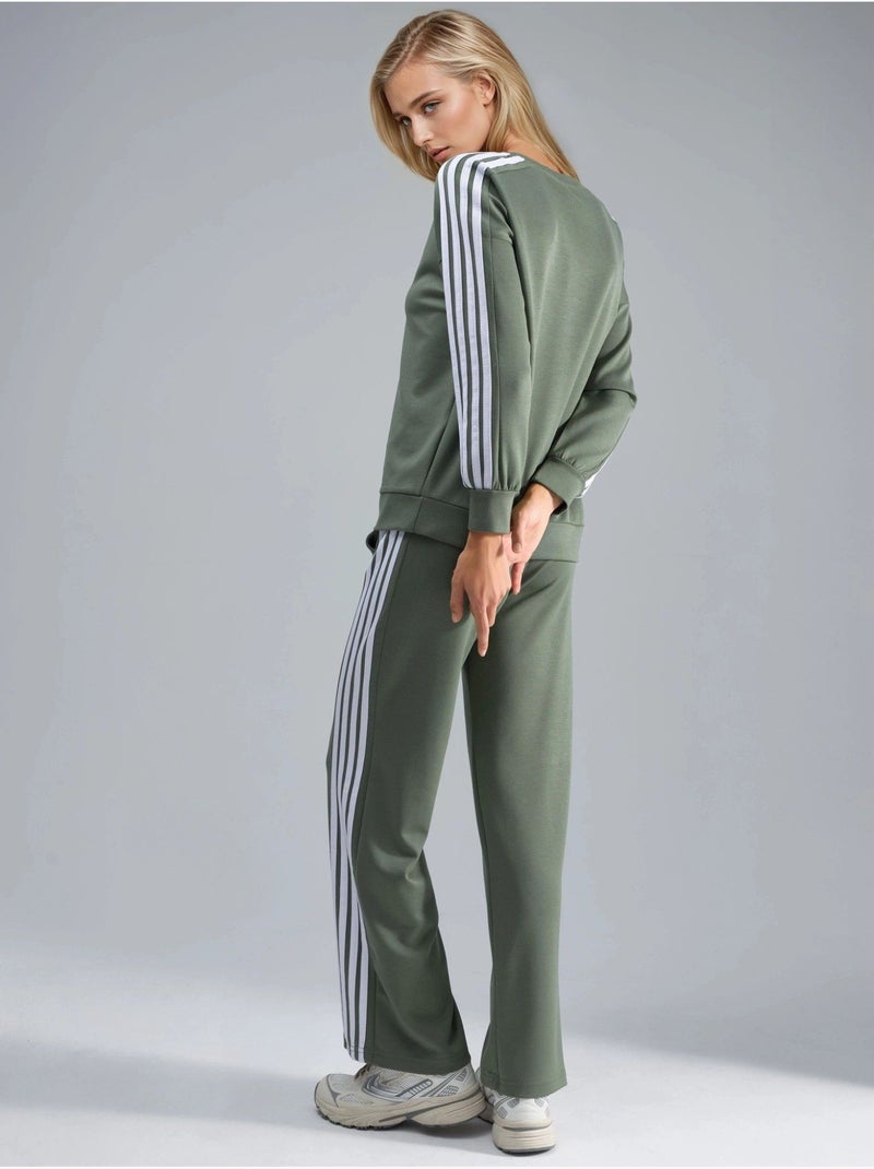 Conjunto coordinado de sudadera a rayas con cuello redondo y pantalón de pernera recta hiccup Verde caqui - Kiabi