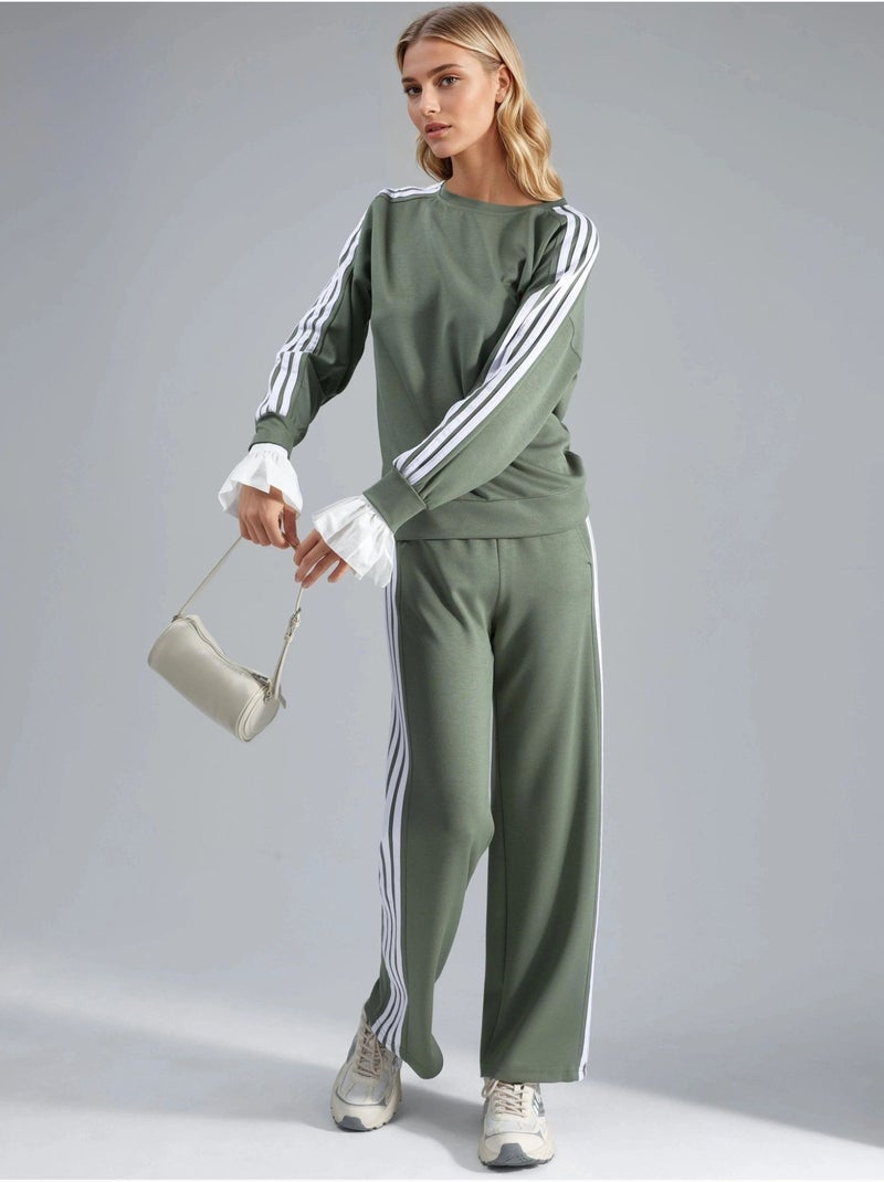 Conjunto coordinado de sudadera a rayas con cuello redondo y pantalón de pernera recta hiccup Verde caqui - Kiabi