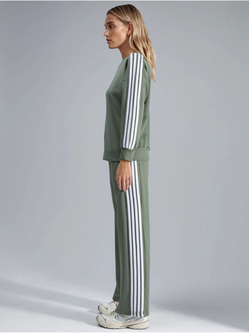 Conjunto coordinado de sudadera a rayas con cuello redondo y pantalón de pernera recta hiccup Verde caqui - Kiabi