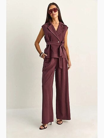 Conjunto coordinado de talle alto con pierna ancha y cuello chal lucci