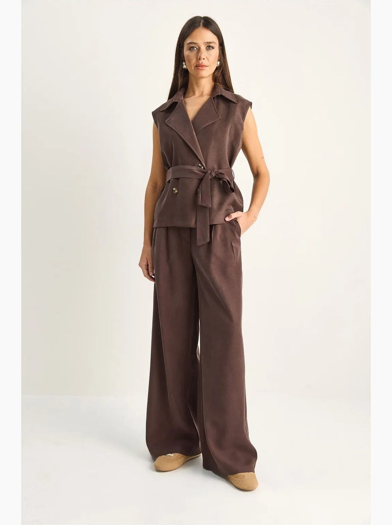 Conjunto coordinado de talle alto con pierna ancha y cuello chal lucci Marrón chocolate - Kiabi