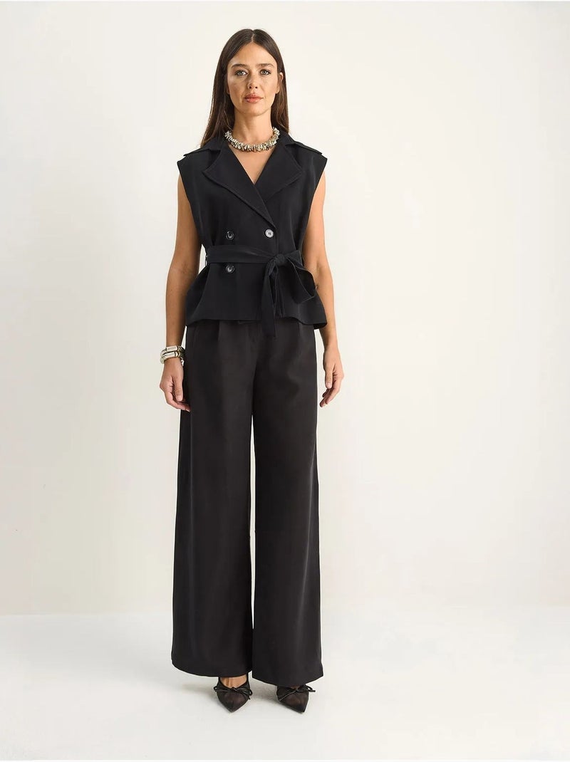 Conjunto coordinado de talle alto con pierna ancha y cuello chal lucci Negro - Kiabi